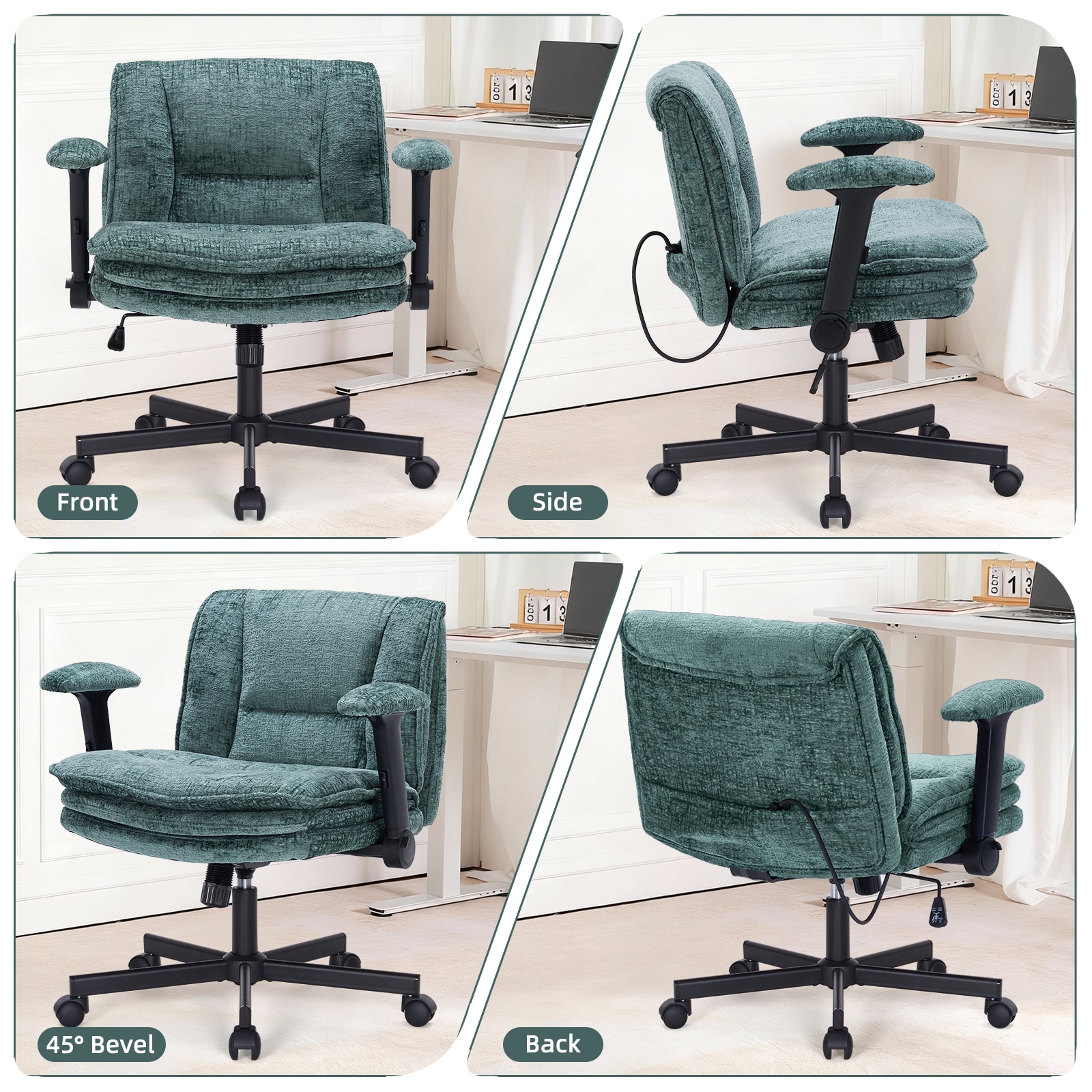 Criss Cross Chair With Wheels And Flip Arms, Upholstered Cross Legged Office Chair With 3 Layer Cushions&Dynamic Airbag Lumbar Support, Wide Seat Comfy Desk Chair For Home Office, Living Room, Green_maomaolike.com
